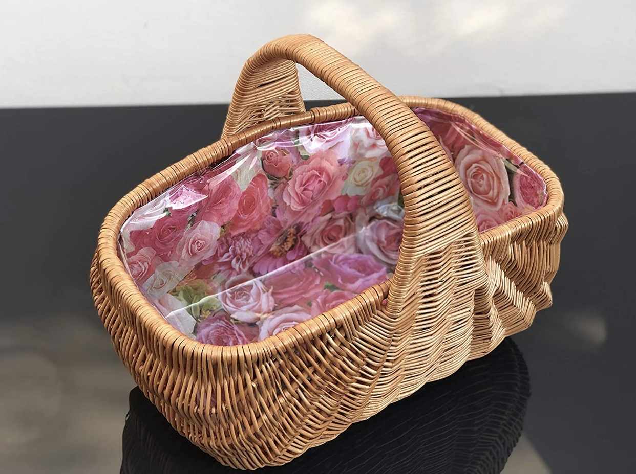 Bukora® Einkaufskorb aus Weide extra stabil mit Futter Rosenmuster - Bukora